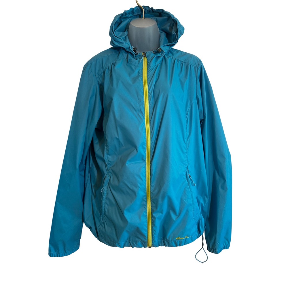 Eddie Bauer Womens XL Teal Blue Ripstop Hooded Windbreaker Jacket Lime Trim